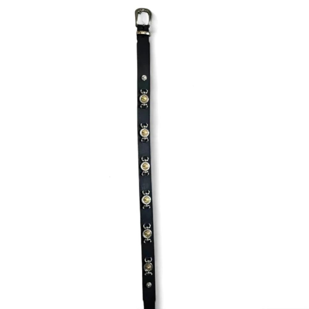 Vintage Black Leather Belt with Gold Medallion Accents
